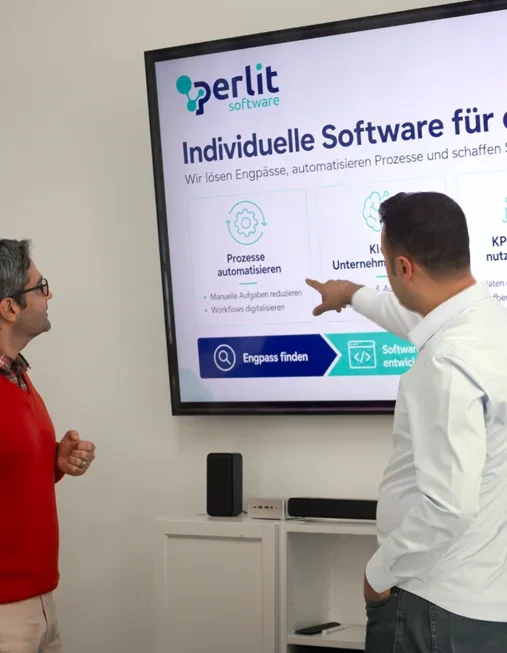 Zwei Personen besprechen individuelle Softwarelösungen vor einer Präsentation von Perlit Software