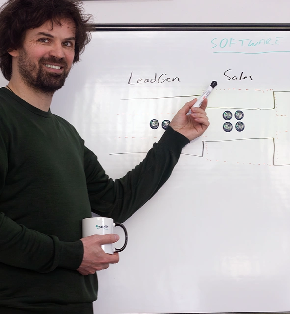 Mann erklärt eine Prozessskizze auf einem Whiteboard